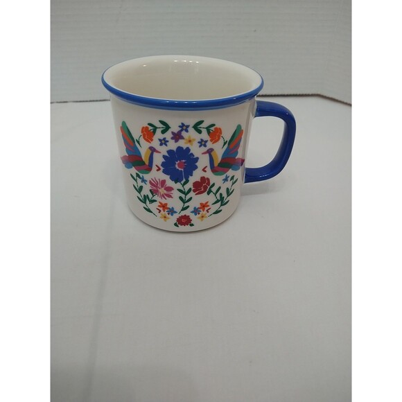 Bird Flowers Coffee Mug Tea Cup Double Sided Ceramic Colorful Whimsical Blue Rim - Picture 5 of 9